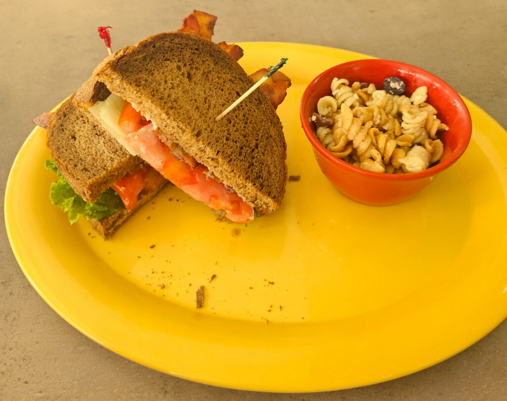 Classic BLT on wheat bread and homemade Greek pasta salad with feta cheese at Toula's Trailside Cafe in Tarpon Springs