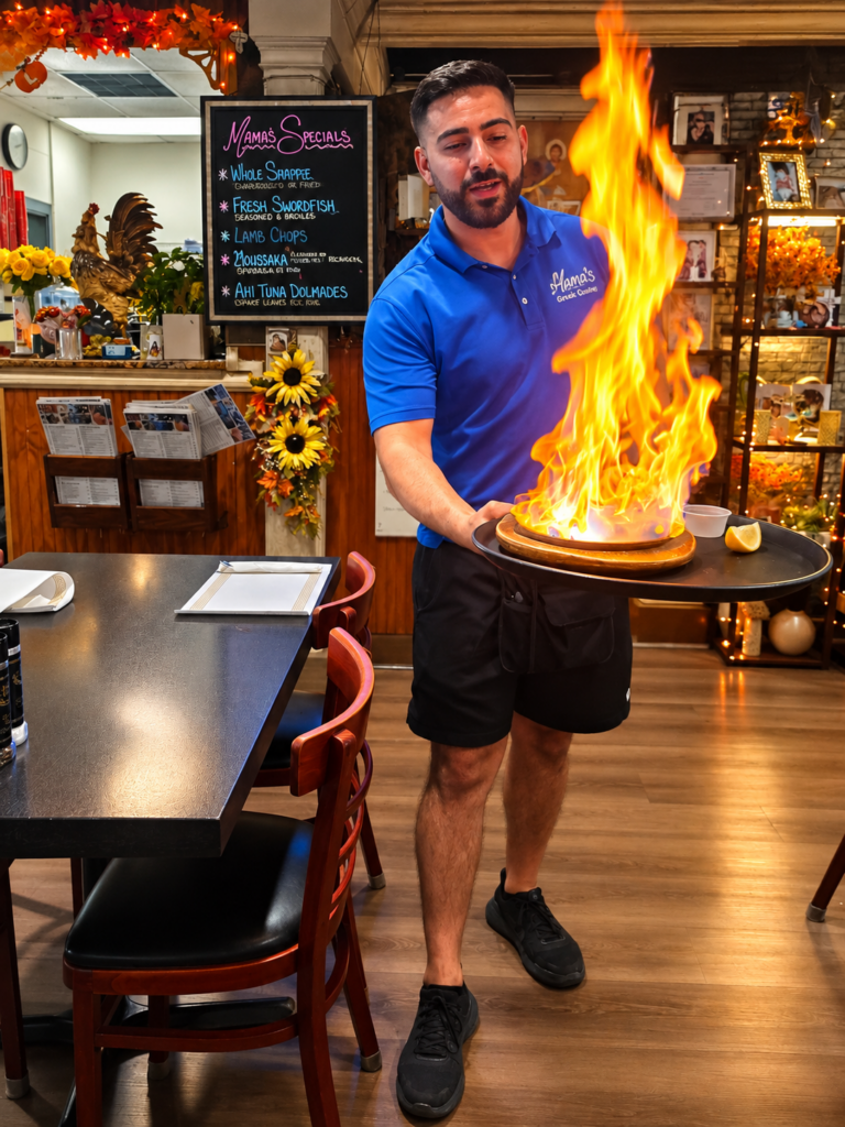 Flaming Saganaki at Mama's Greek Cuisine in Tarpon Springs